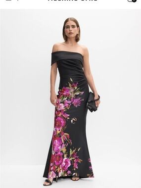 Off-Shoulder Black Floral Evening Gown